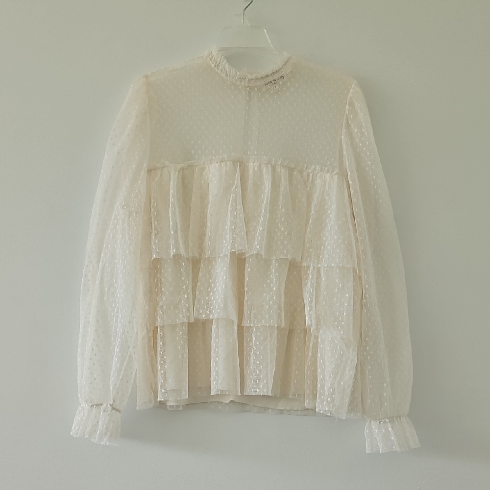 Tiered Tulle Blouse With Long Sleeves Cream Ruffles Boho Sheer‎ Size 1X